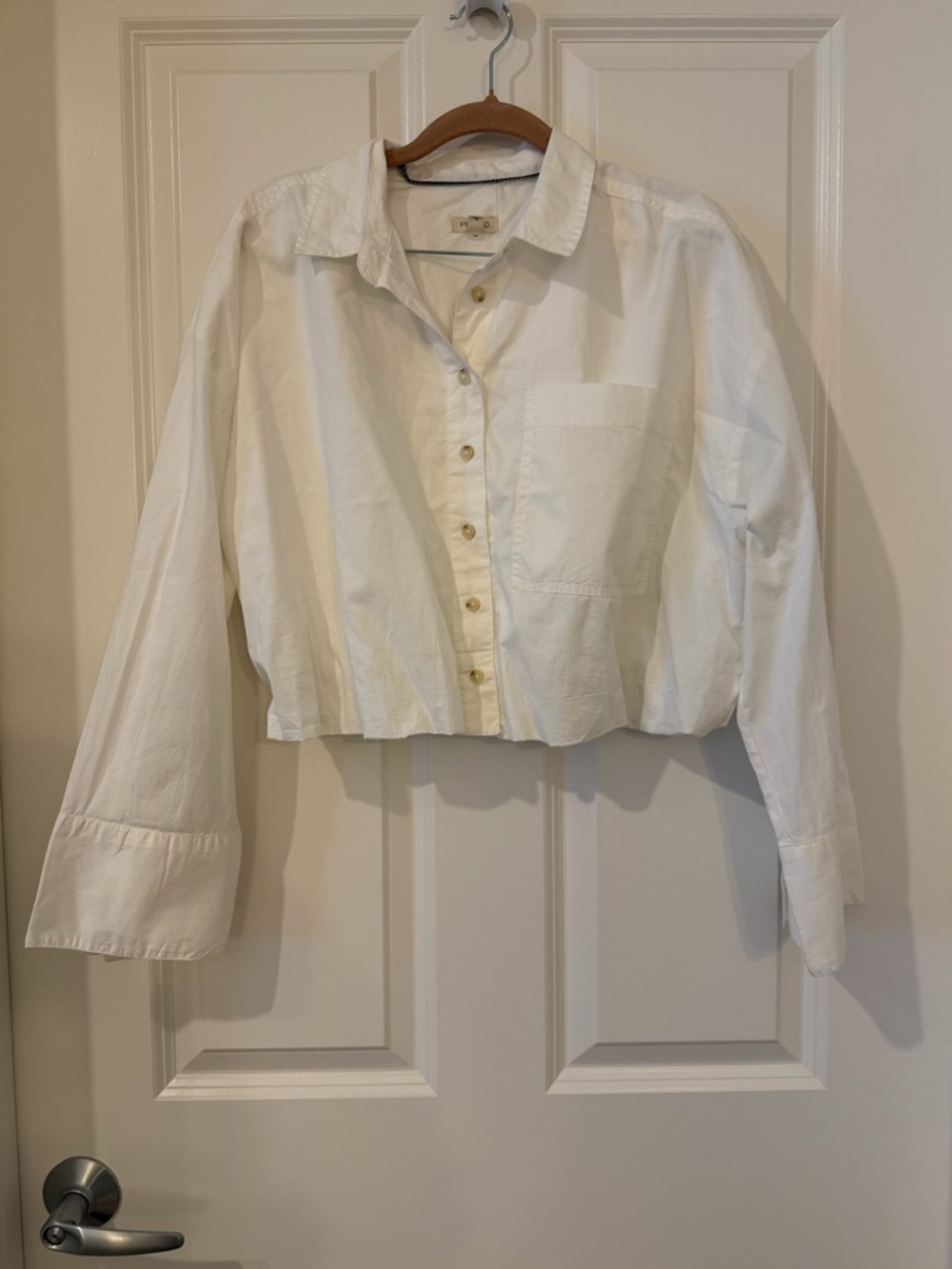Anthropologie Pilcro Bubble Hem Cropped White Button-Up Shirt